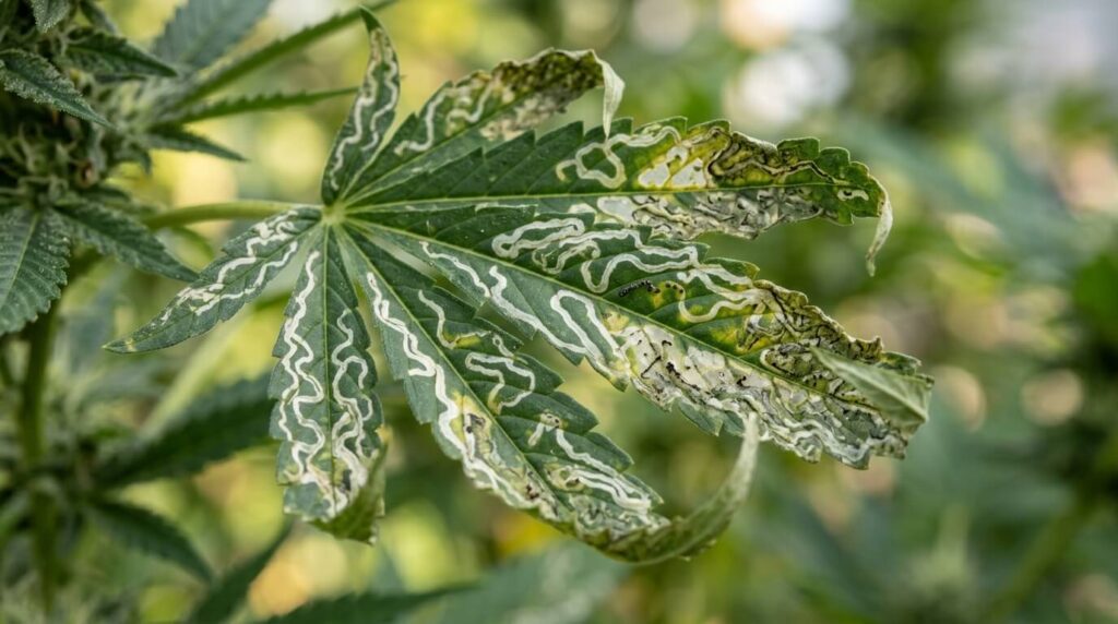 cannabis leaf miner damage visble