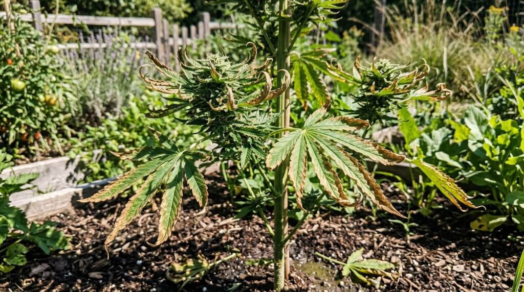 outdoor cannabis plant with wind burn damage