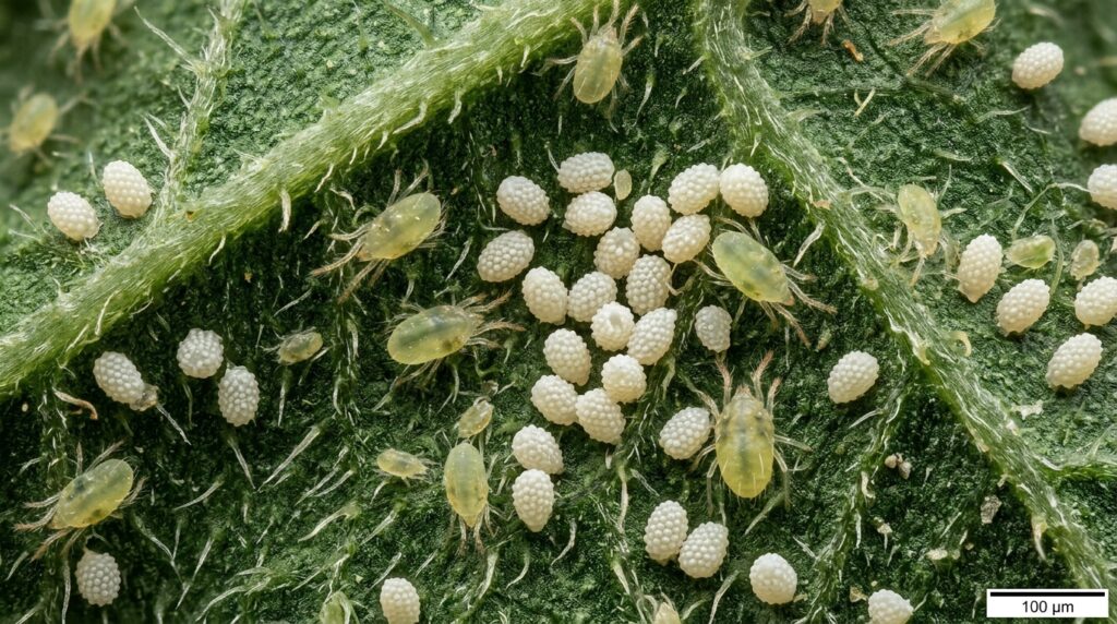 mites and eggs under microscope