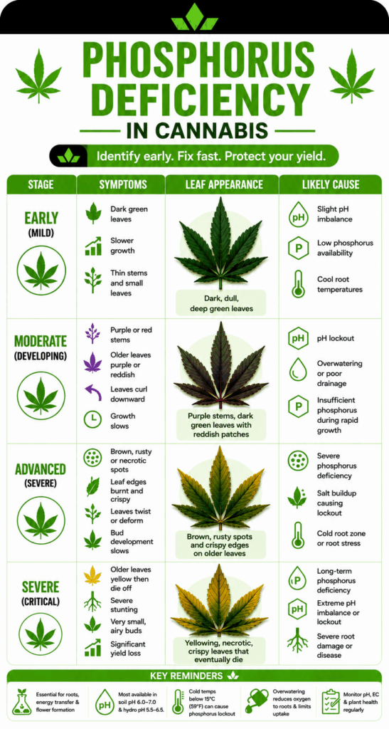 phosphorus deficiency in cannabis infographic showing early, moderate, advanced, and severe nutrient deficiency stages. The chart includes cannabis leaf symptom examples, purple stems, yellowing leaves, brown spotting, likely causes such as pH lockout and cold root temperatures