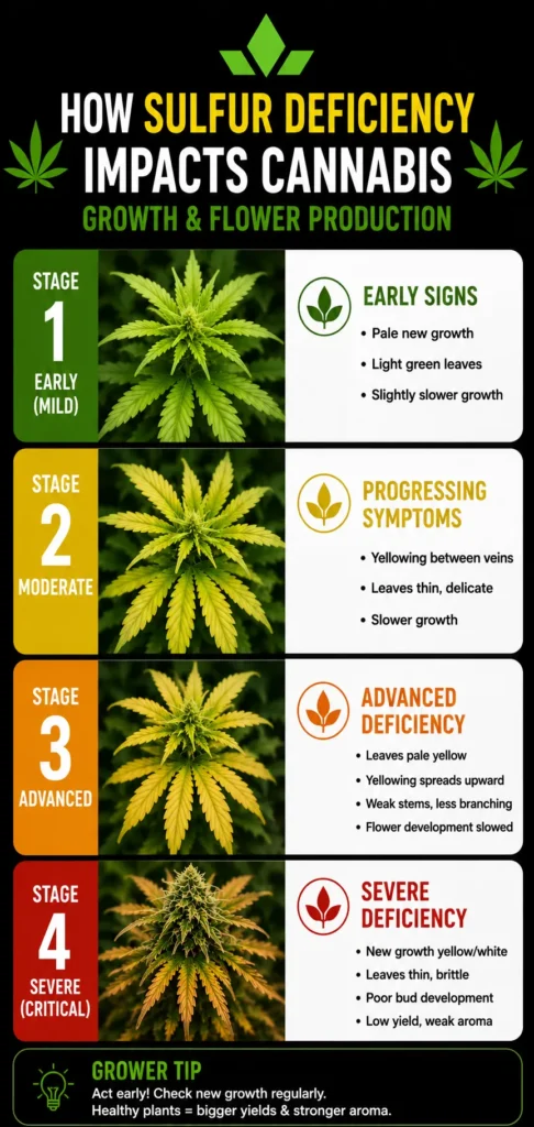 early to late stage of sulfur deficiency and the impact it has on cannabis plants