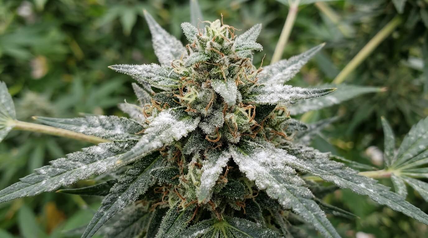 Powdery mildew on an autoflower cannabis plant during flowering