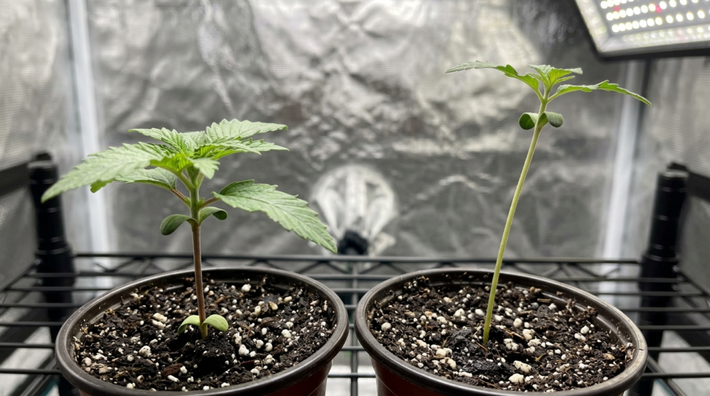 cannabis seedling stretched comparison