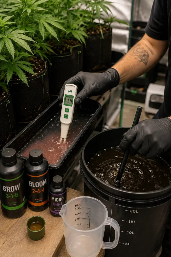 man checking soil with ph tester for cannabis