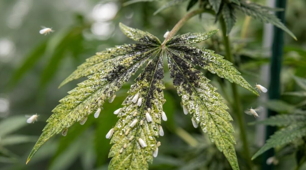 seconary issues of cannabis leaf infested with whiteflies