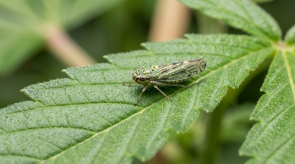 adult leafhopper on cannabis leaf