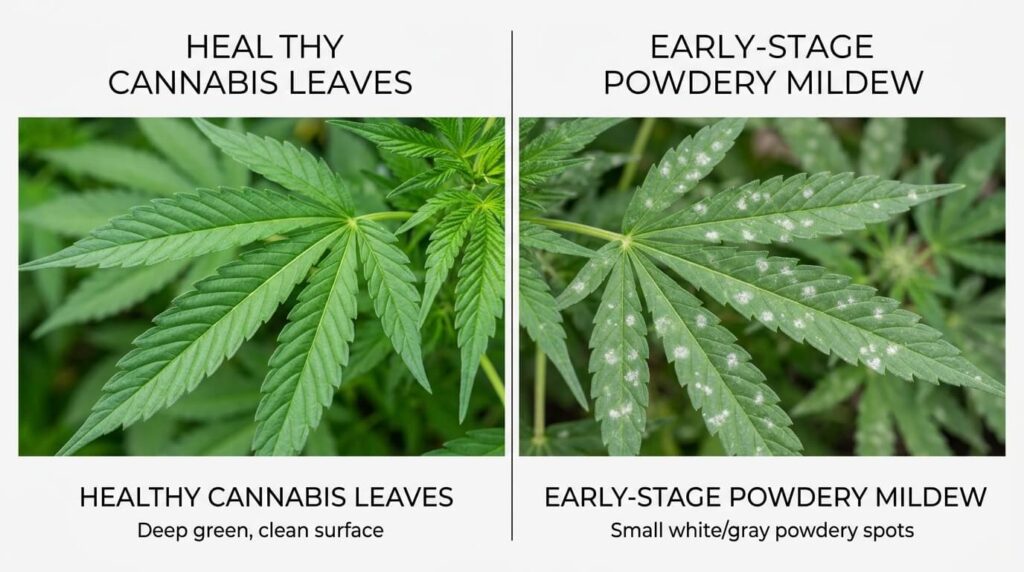 Early signs of powdery mildew on cannabis leaves