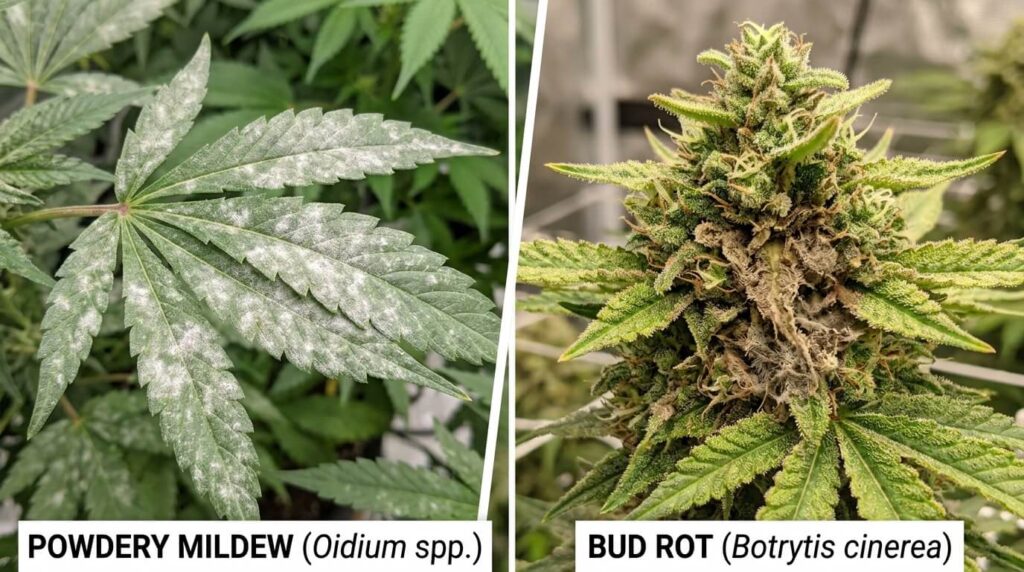Powdery mildew vs bud rot on cannabis plants