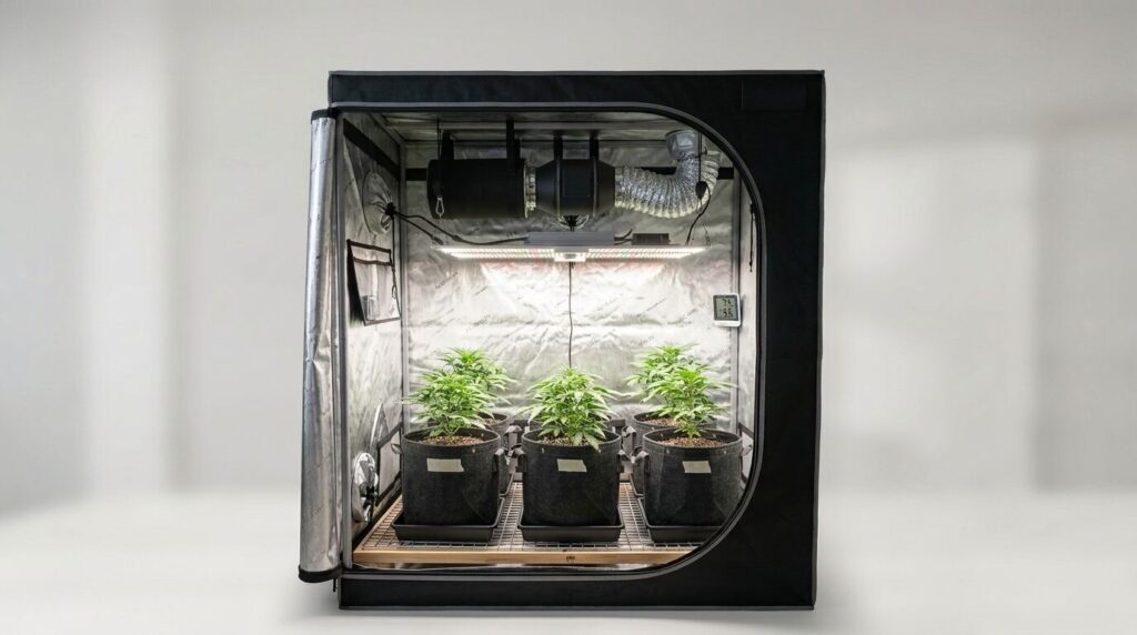 autoflower grow tent containing equipment and plants