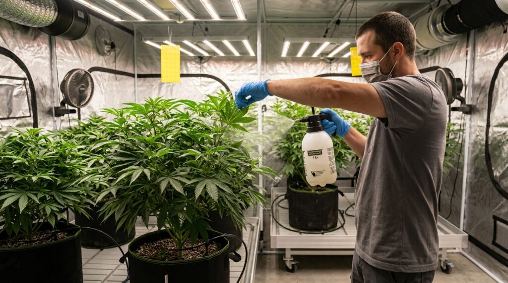 cannabis grower treating broad mites