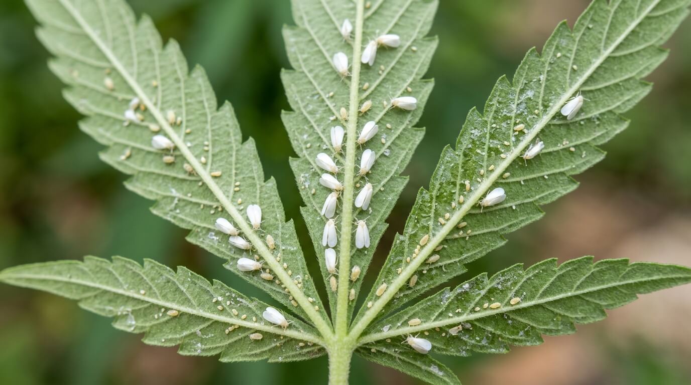 cannabis leaf with whiteflies