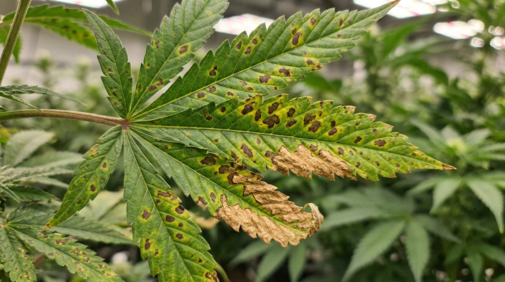 cannabis leaves with dark spots