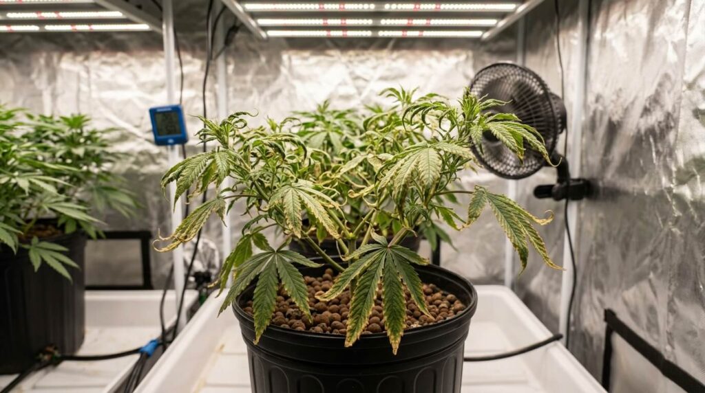 potted cannabis plant with wind burn damage