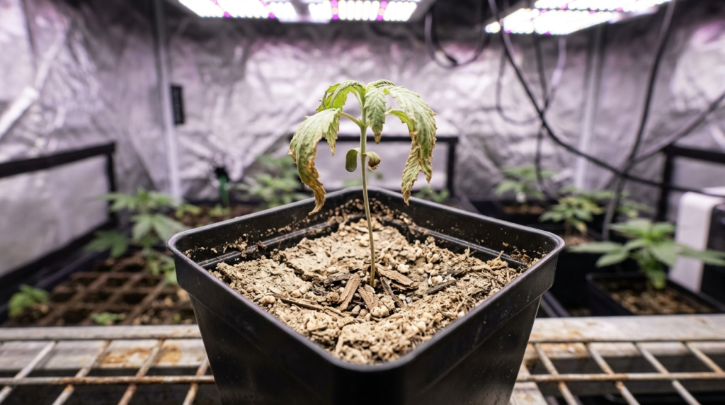 cannabis seedling in dry soil