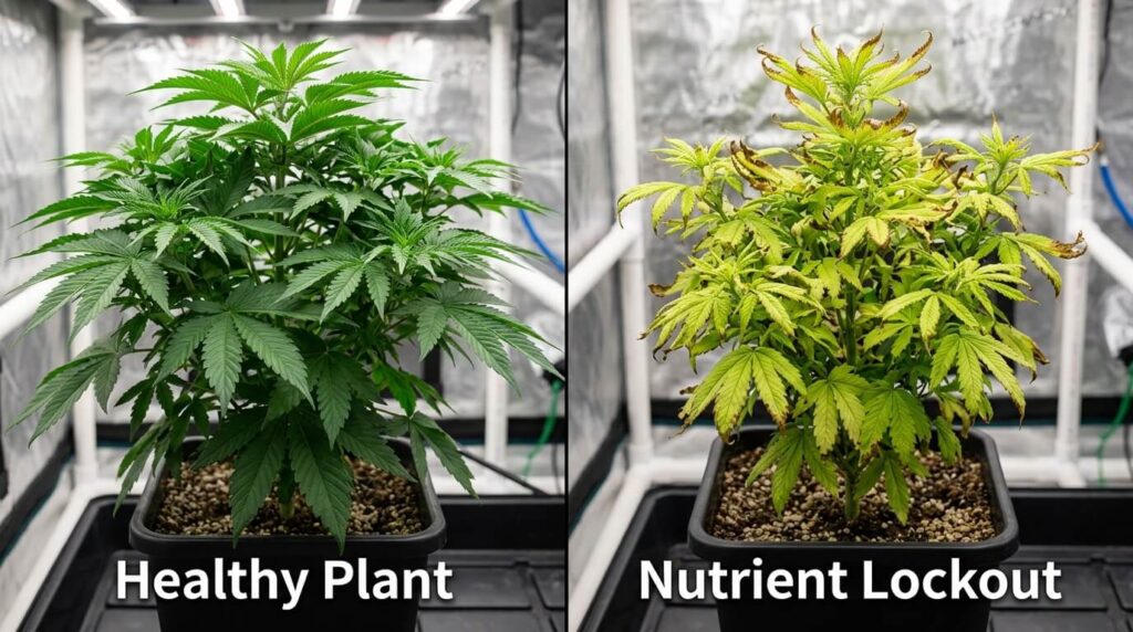 cannabis plant comparison of healthy and nutrient lockout