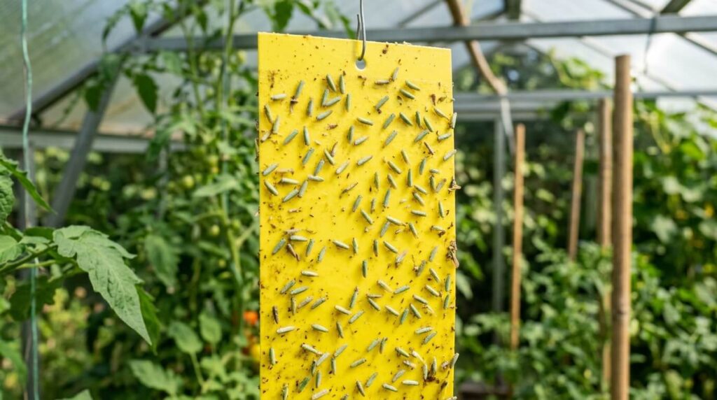 yellow sticky trap capturing leafhoppers