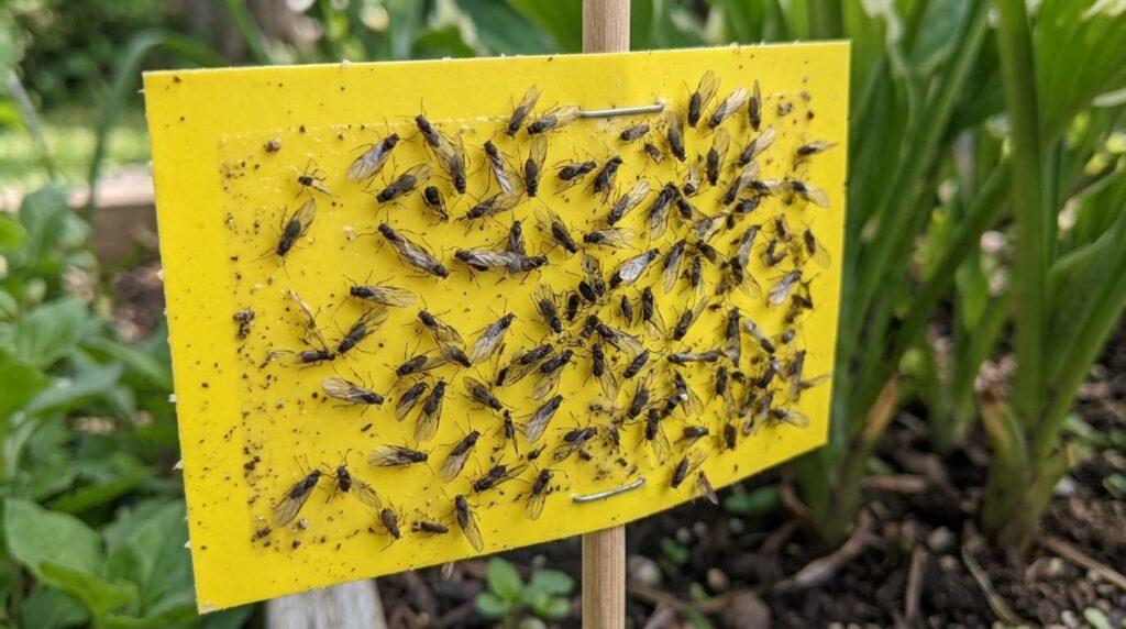 winged root aphids on yellow sticky trap