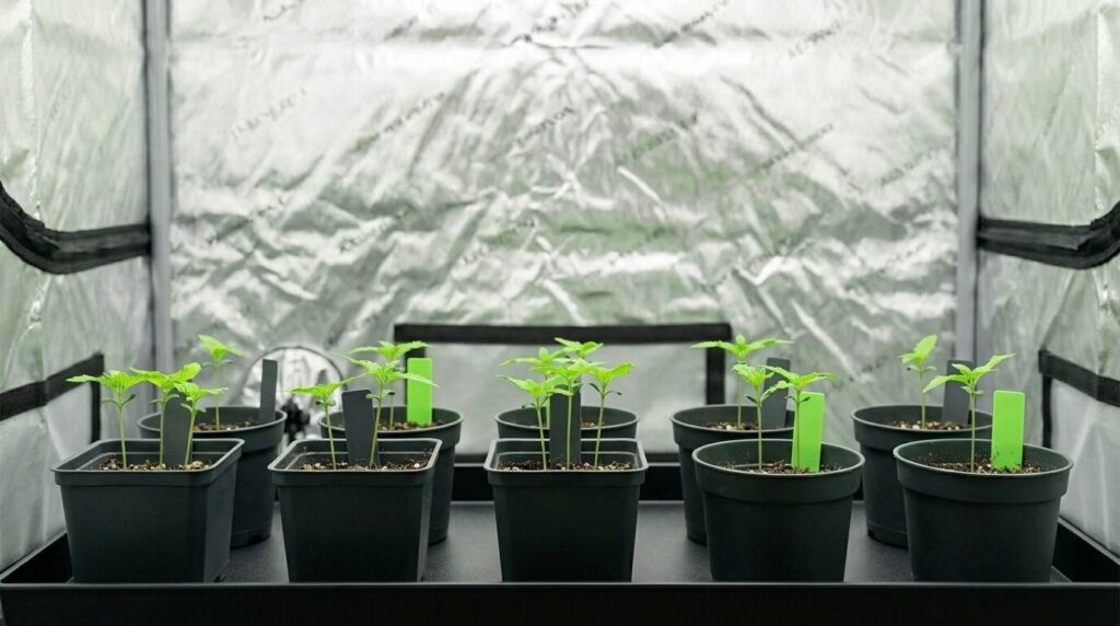 autoflower seedlings in small pots in a grow tent