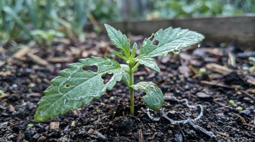 cannabis seedling with slug damage