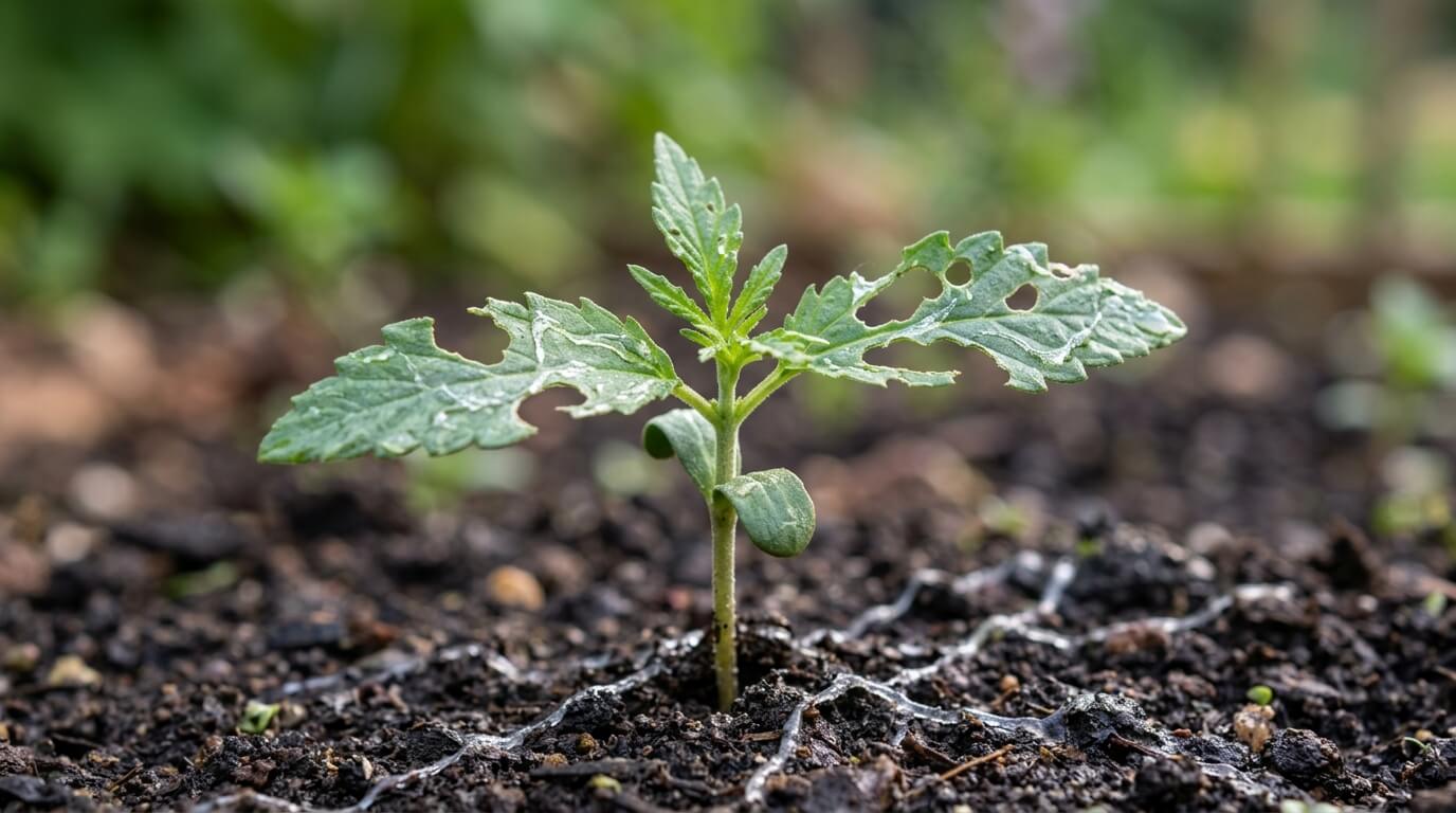 cannabis seedling with slug damage