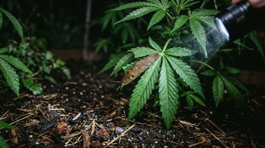 slug feeding on cannabis leaf