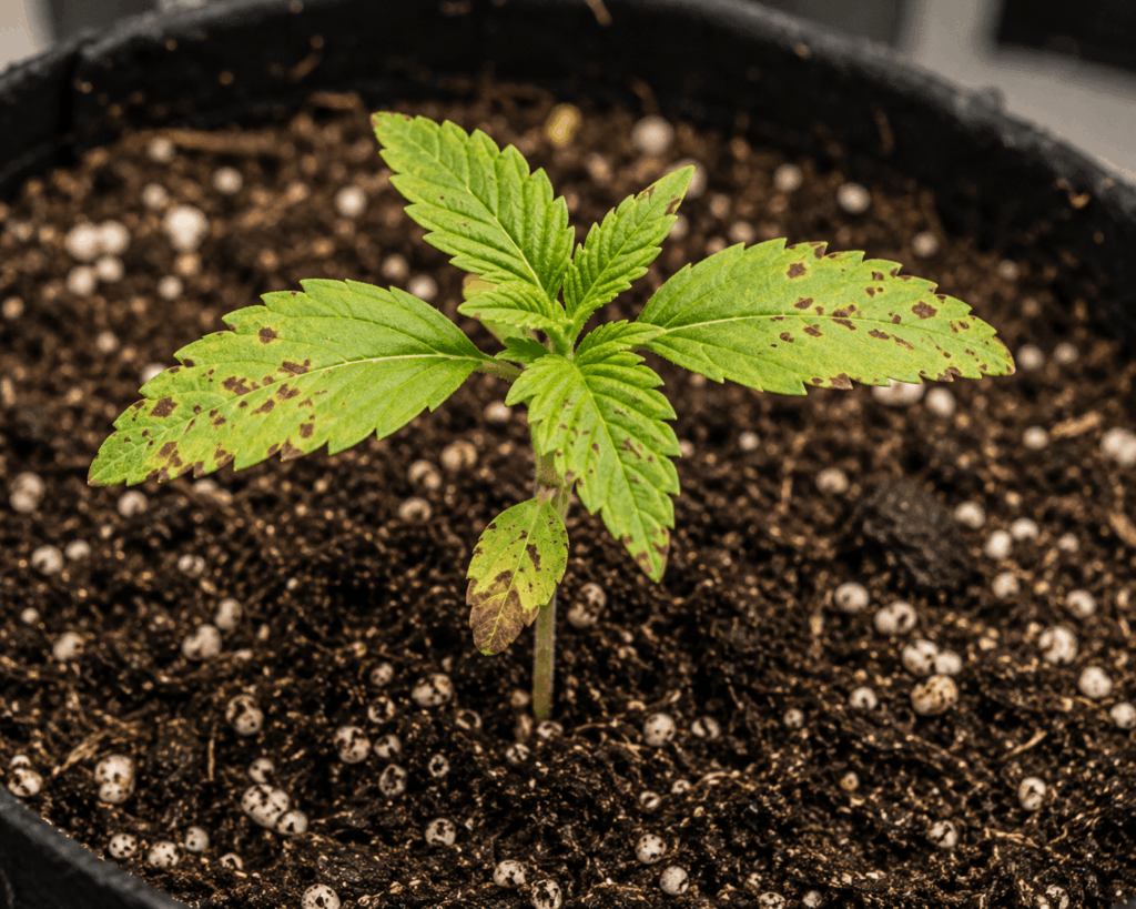 Seedling with brown spots in soil