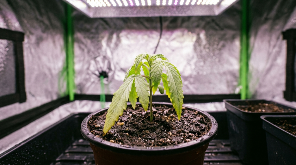 overwatered cannabis seedling