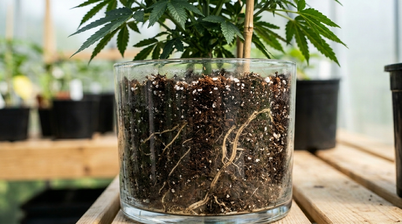 unhealthy roots of a cannabis plant with sulfur deficiency