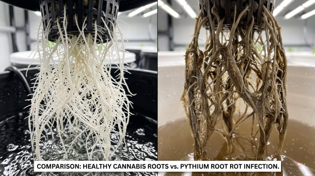 cannabis roots with root rot pythium