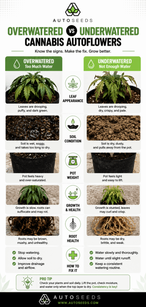 comparison of underwatered and overwatered autoflowers