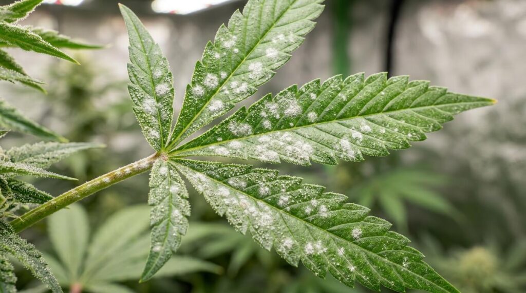 powdery mildew on cannabis leaves