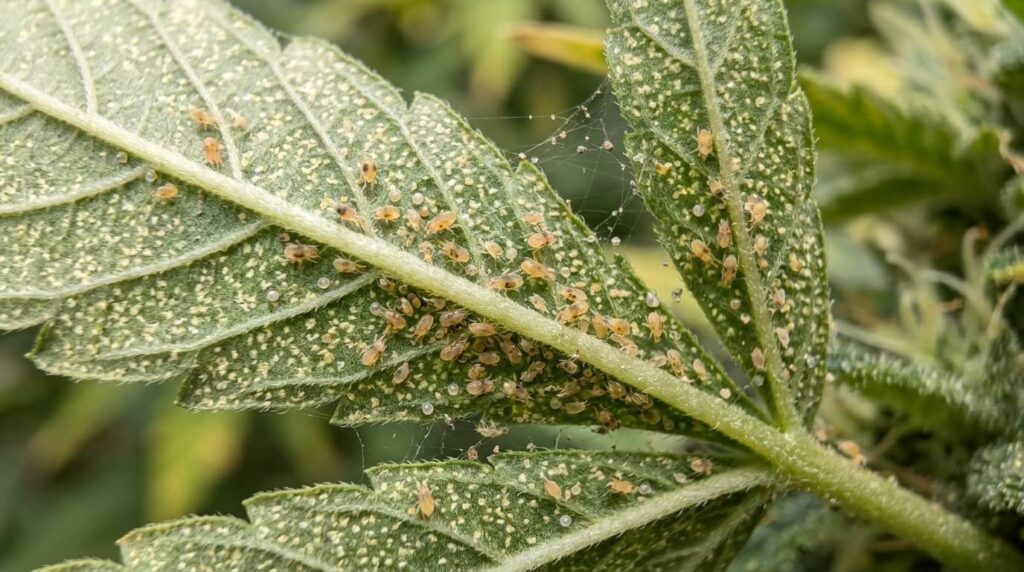 spider mites on cannabis leaf