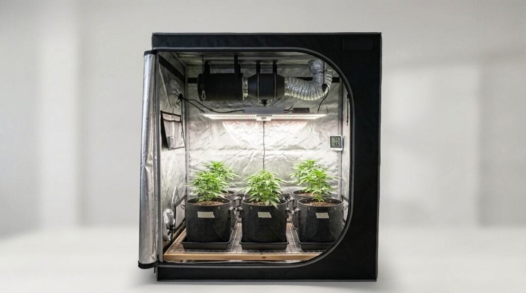 autoflower grow tent containing equipment and plants