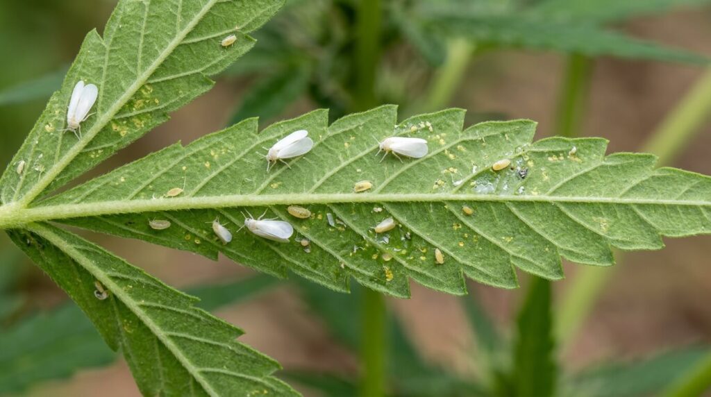 cannabis leaf infested with whiteflies