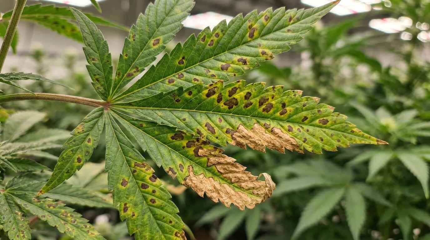 cannabis leaves with mottled spots and yellow spots