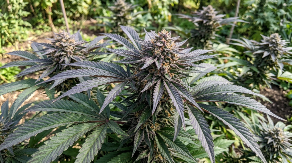 cannabis plant with purple under leaves
