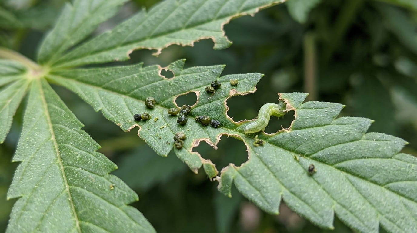 chewed cannabis leaves from caterpillar damage