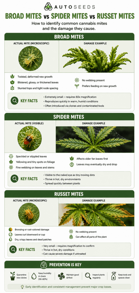 comparison on broad mites, spider mites and russet mites