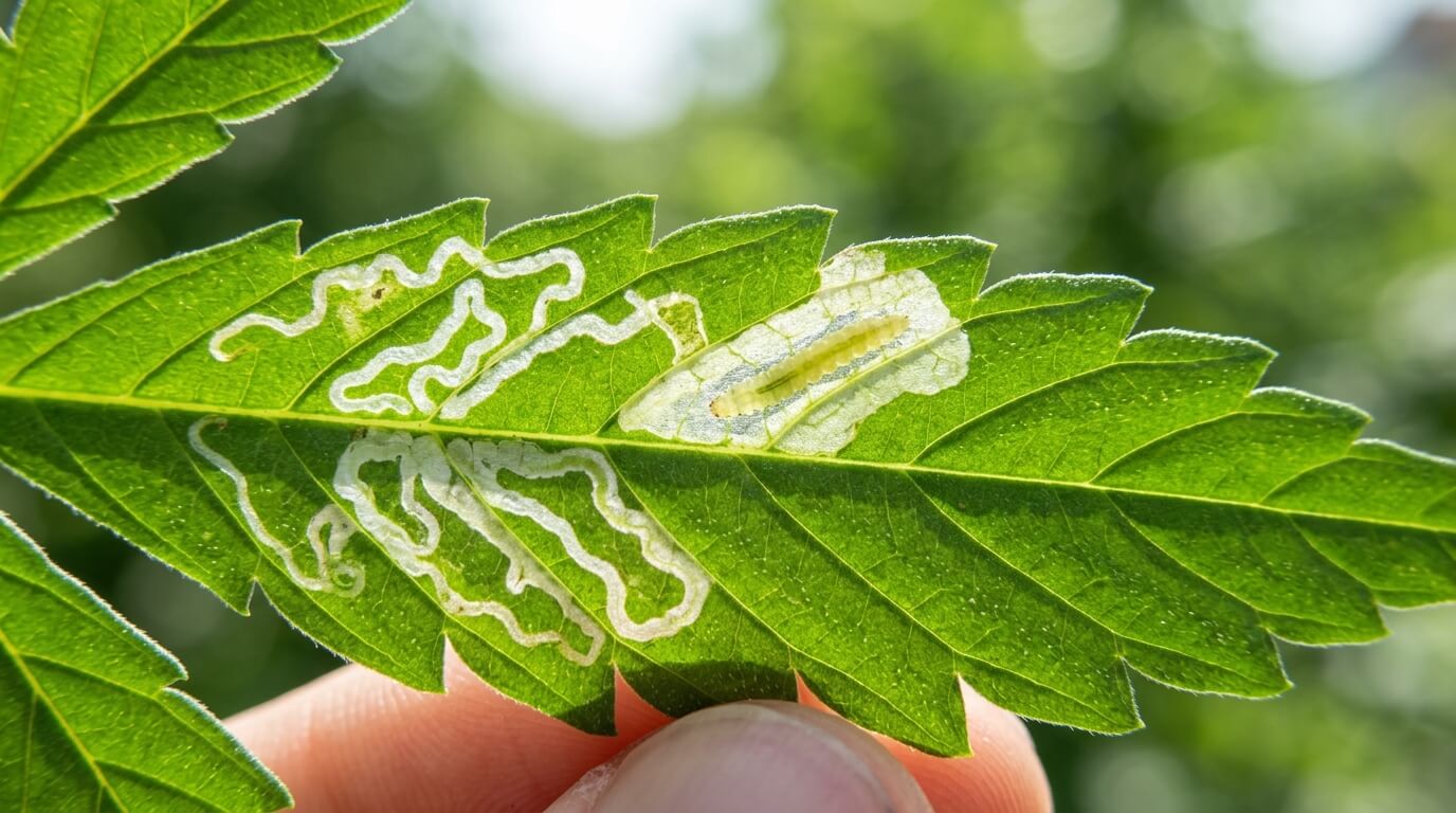 cannabis leaf miner damage visible