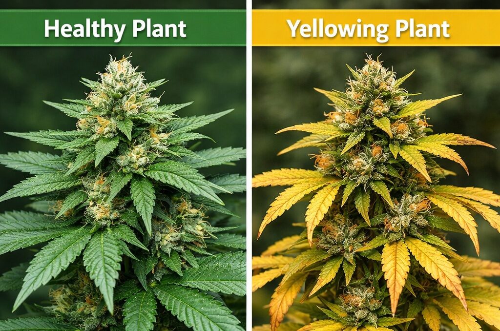 Healthy vs. yellowing cannabis plants
