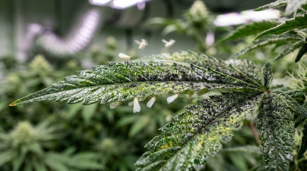 cannabis leaf with issues of infested whiteflies