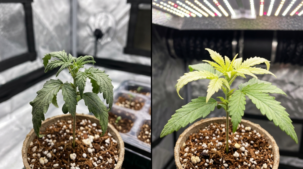 comparison image of cannabis seedlings between heat and light stress