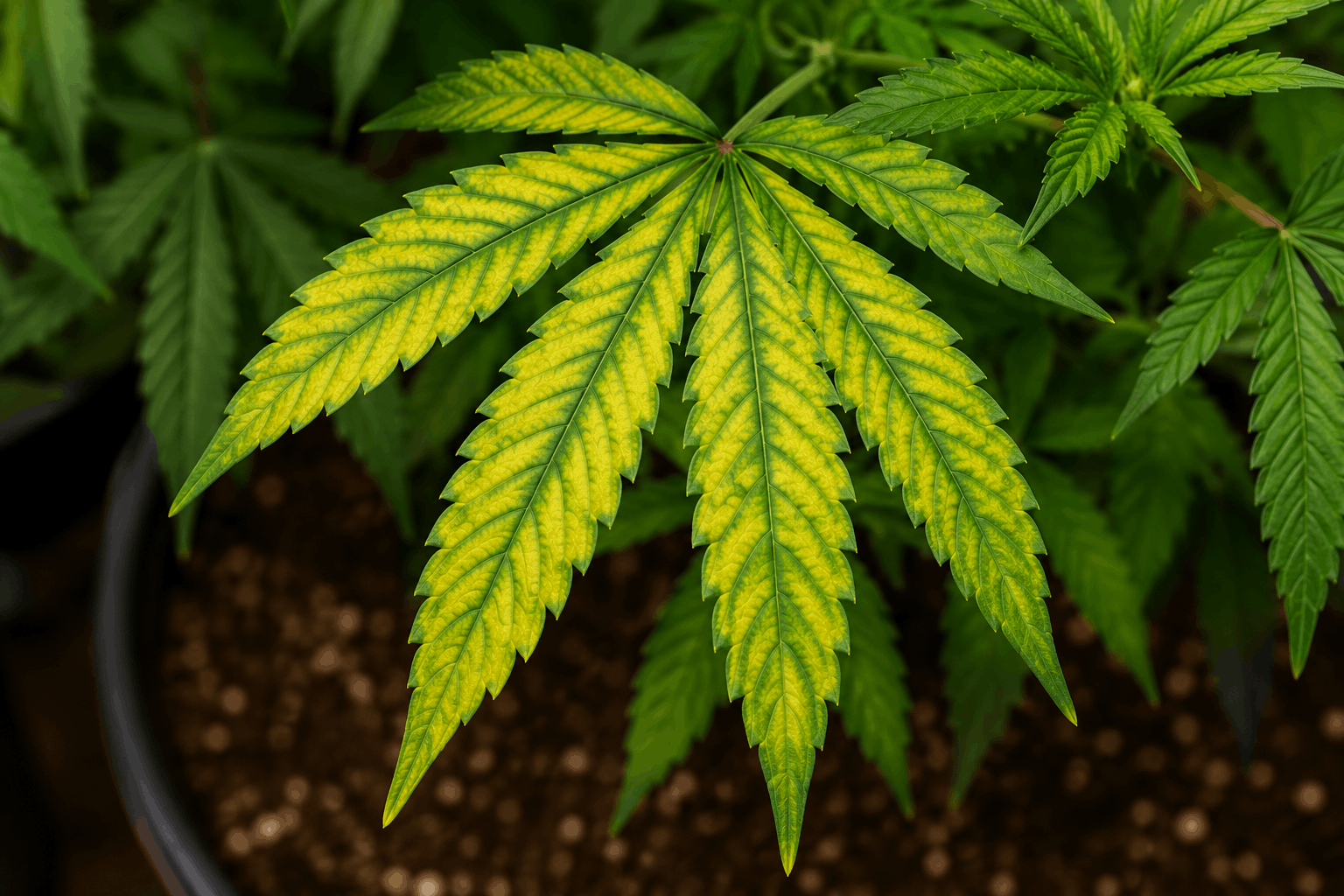 Close-up of a cannabis leaf showing early stage magnesium deficiency with yellowing between the veins, pale green fading on older leaves, and dark green veins remaining visible.
