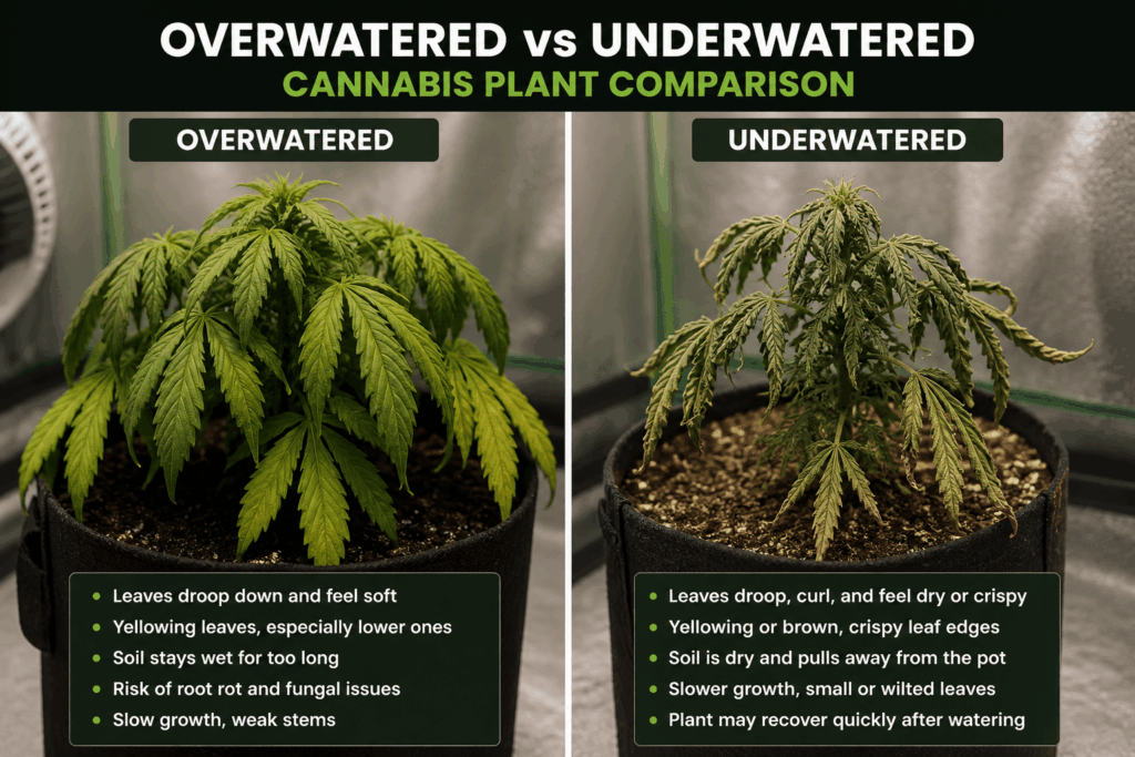 Comparison of overwatered and underwatered autoflower cannabis plants showing yellow leaves and drooping symptoms