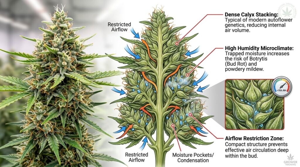 cannabis cola showing trapped humidity for autoflowers