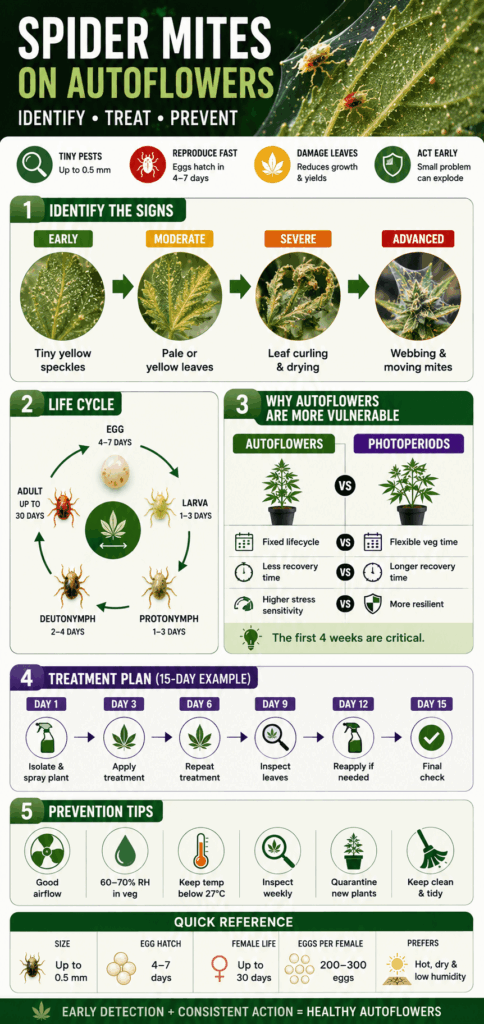 Infographic showing how to identify, treat, and prevent spider mites on autoflower cannabis plants.