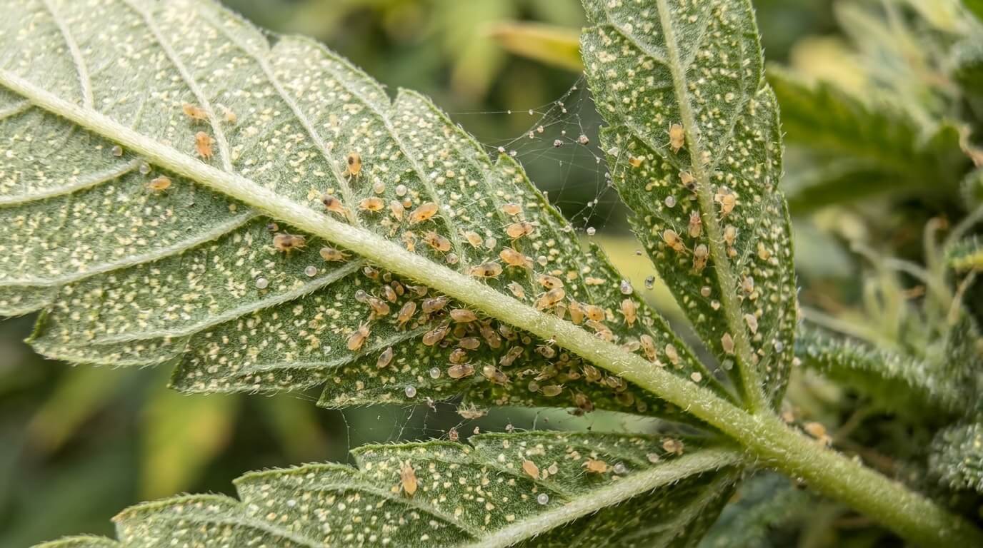 spider mites on cannabis leaf