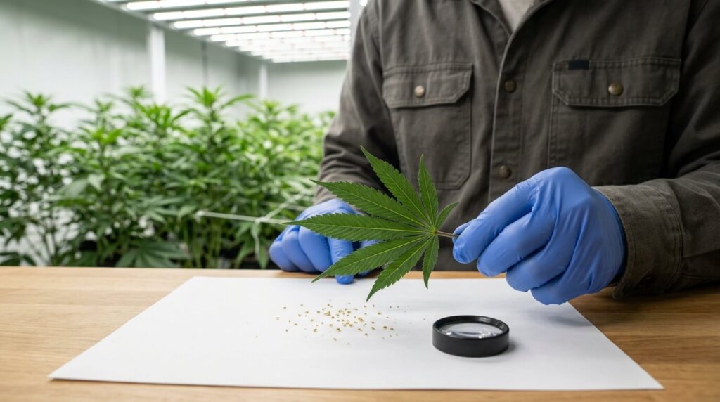 grower holding cannabis leaf with spider mites