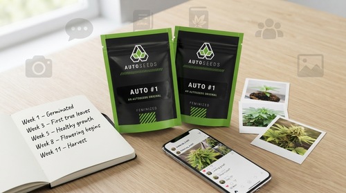 autoflower seeds packs on a desk with notes from our grower community helping a customer grow their plant